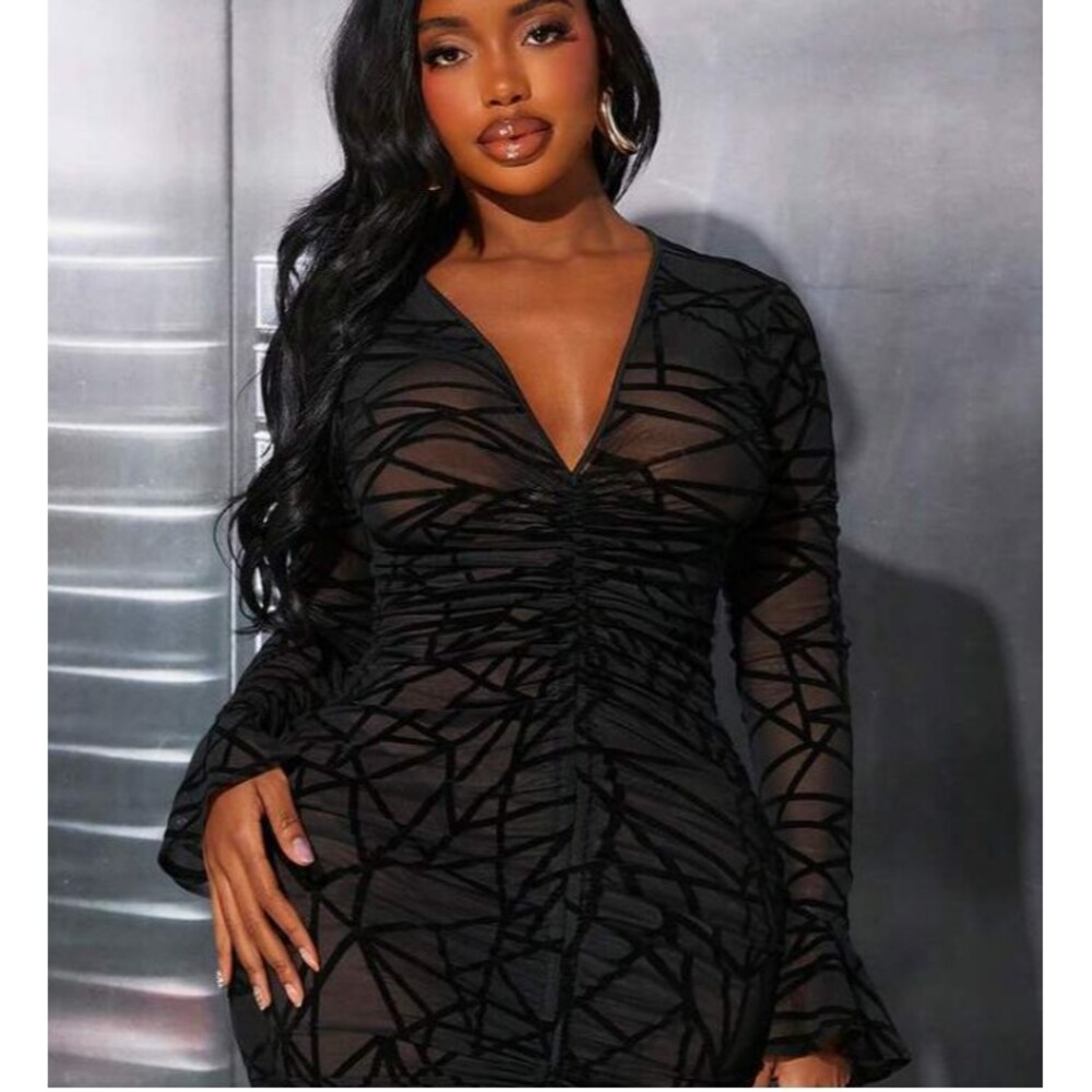 Ruffled Mesh Sheer Drawstring Black Bodycon Dress Sz 1X Festival Club Cover-up - Picture 1 of 11